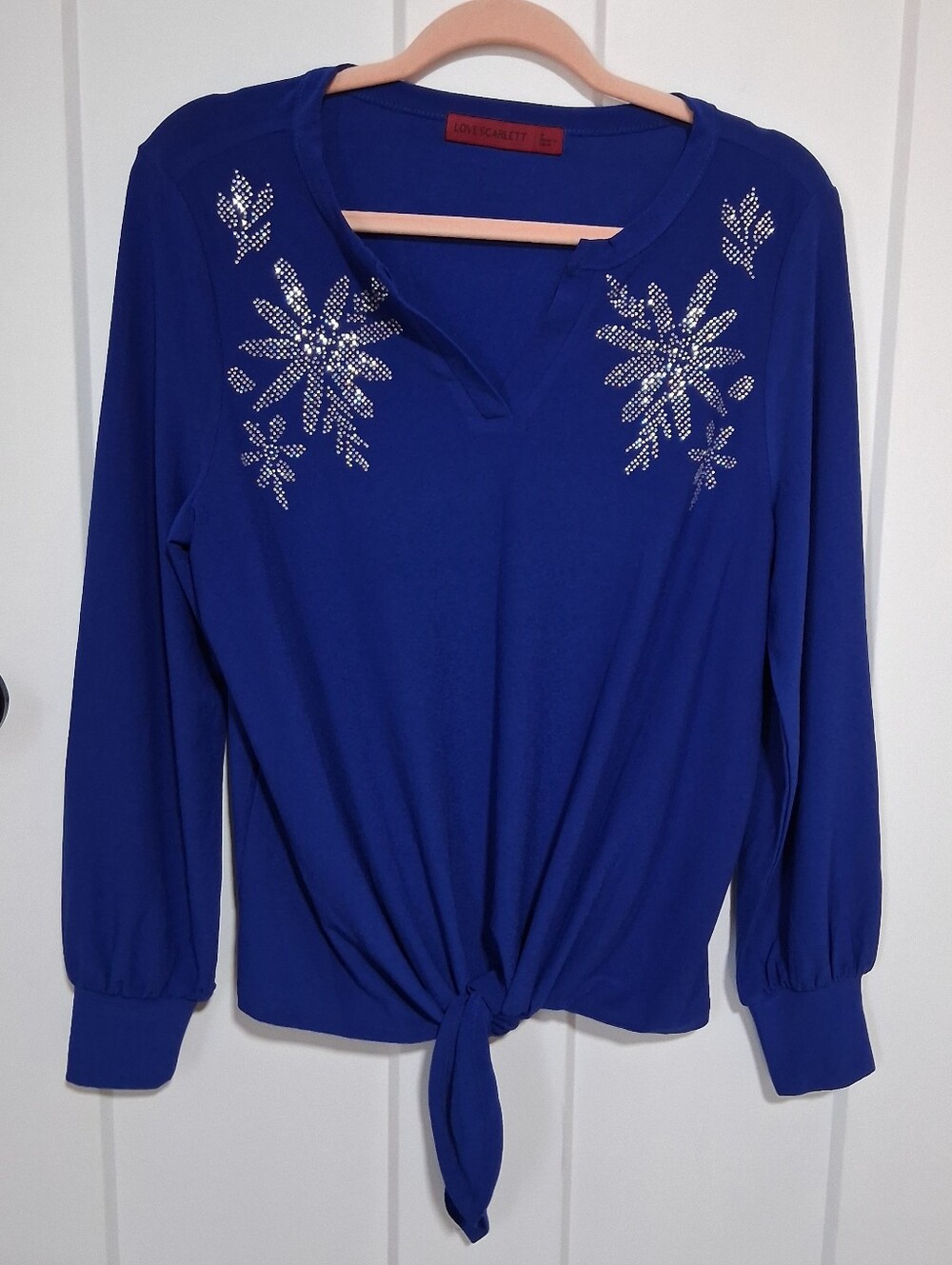 Scarlett Royal Blue Long-Sleeve Twist-Front Top with Silver Rhinestone Detail
